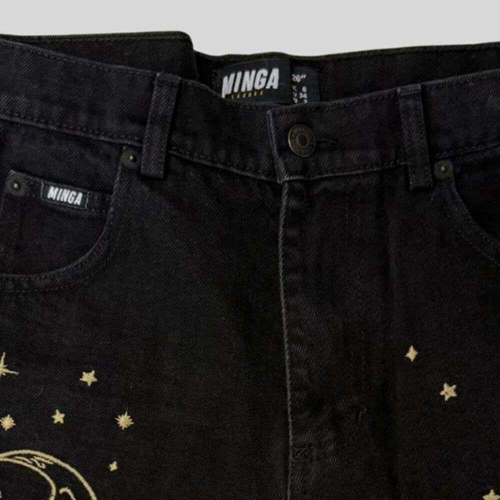 Minga London Celestial Black Denim Shorts - Moon & Stars Embroidery - Size 26 - Picture 3 of 5